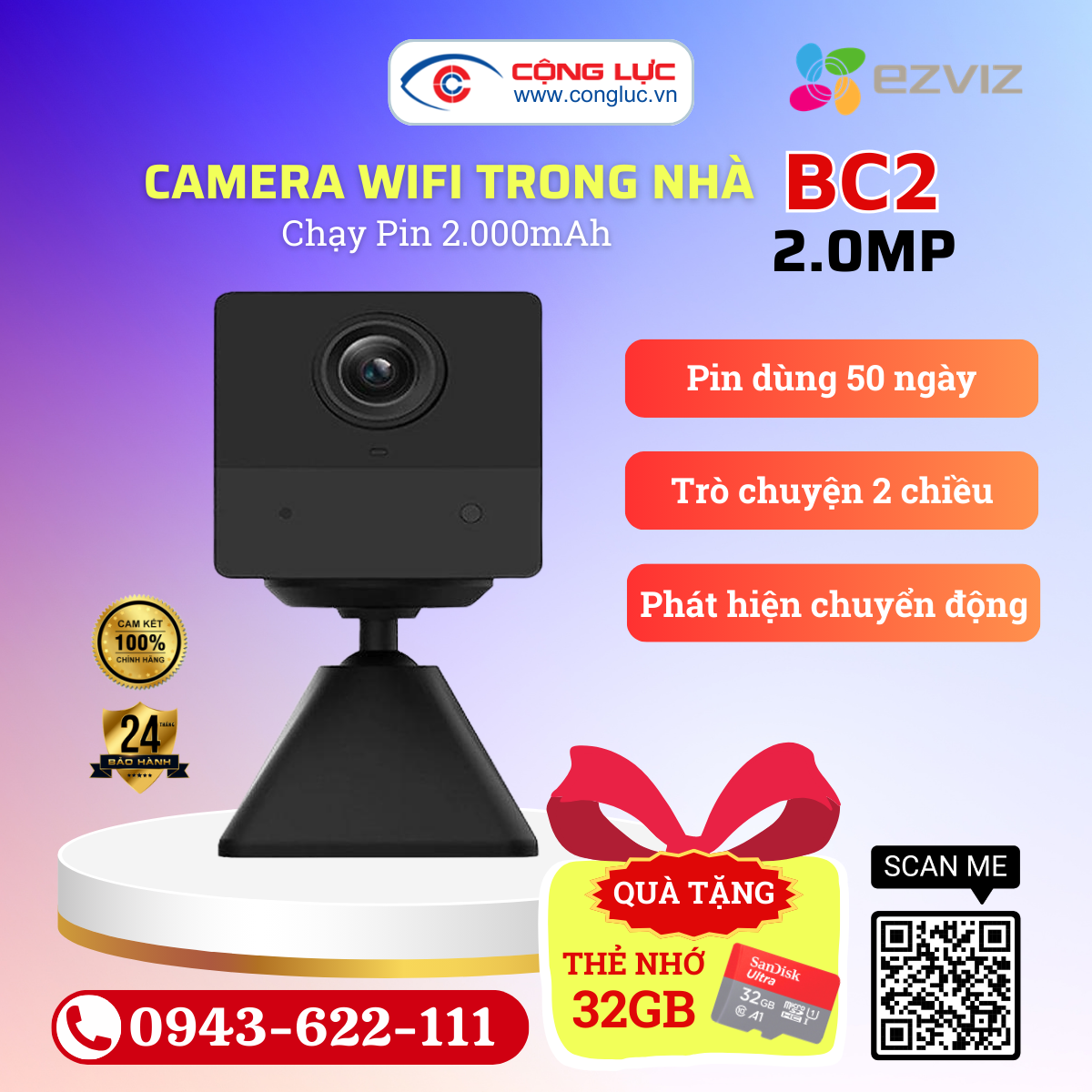 Camera Pin Giấu Kín Wifi Ezviz BC2