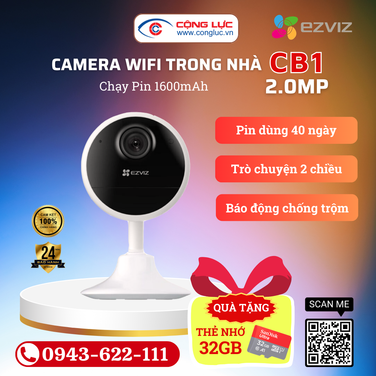 Camera Wifi Không Dây Dùng Pin Ezviz CB1 2MP