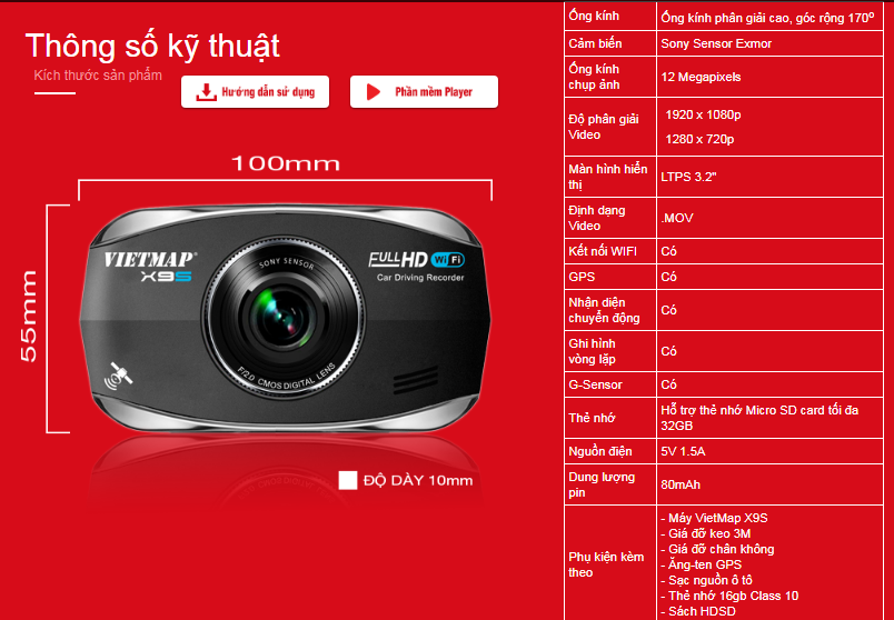 THÔNG SỐ KỸ THUẬT CỦA CAMERA HÀNH TRÌNH X9S
