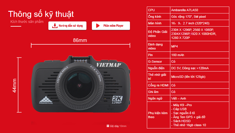 thông số kỹ thuật camera hành trình k9 pro
