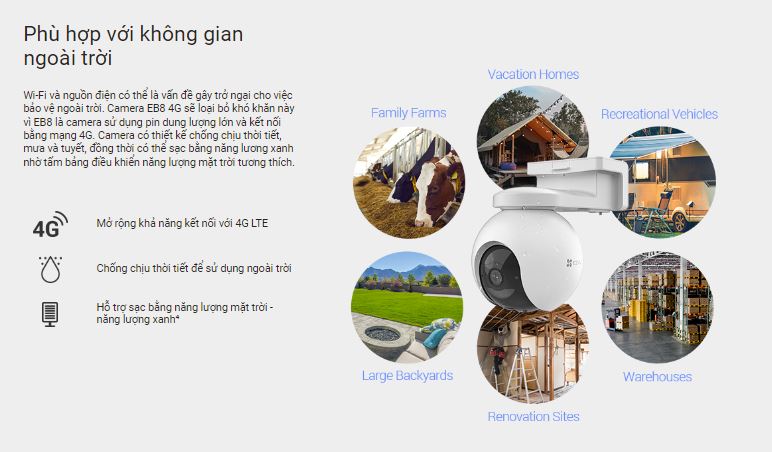 Camera Sim 4G Ezviz EB8 2K phù hợp với không gian ngoài trời